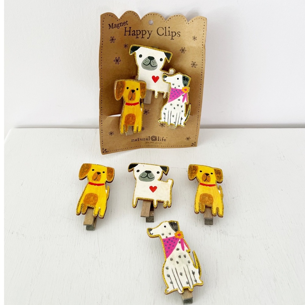 Natural Life Magnet Happy Clips Multicolor Dog Animal Glitter Wood Set of 7